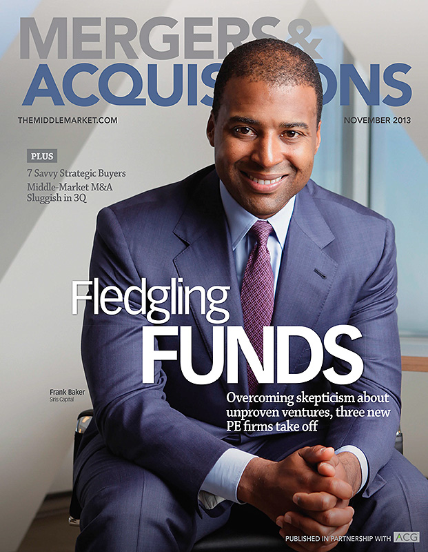 Editorial portrait of Frank Baker at SIRIS Capital Group in NYC for Mergers and Acquisitions magazine.